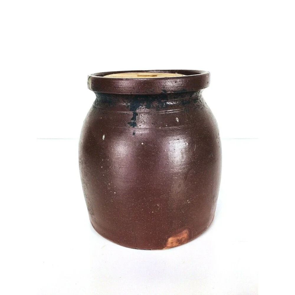 Antique Late 1800s Farmhouse Slip Glazed Stoneware Crock With Handle & Wood Lid